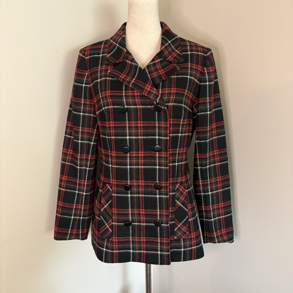 CAbi Manhattan Tartan Plaid Double Breasted Blazer Jacket Black Red Size 8 EUC
